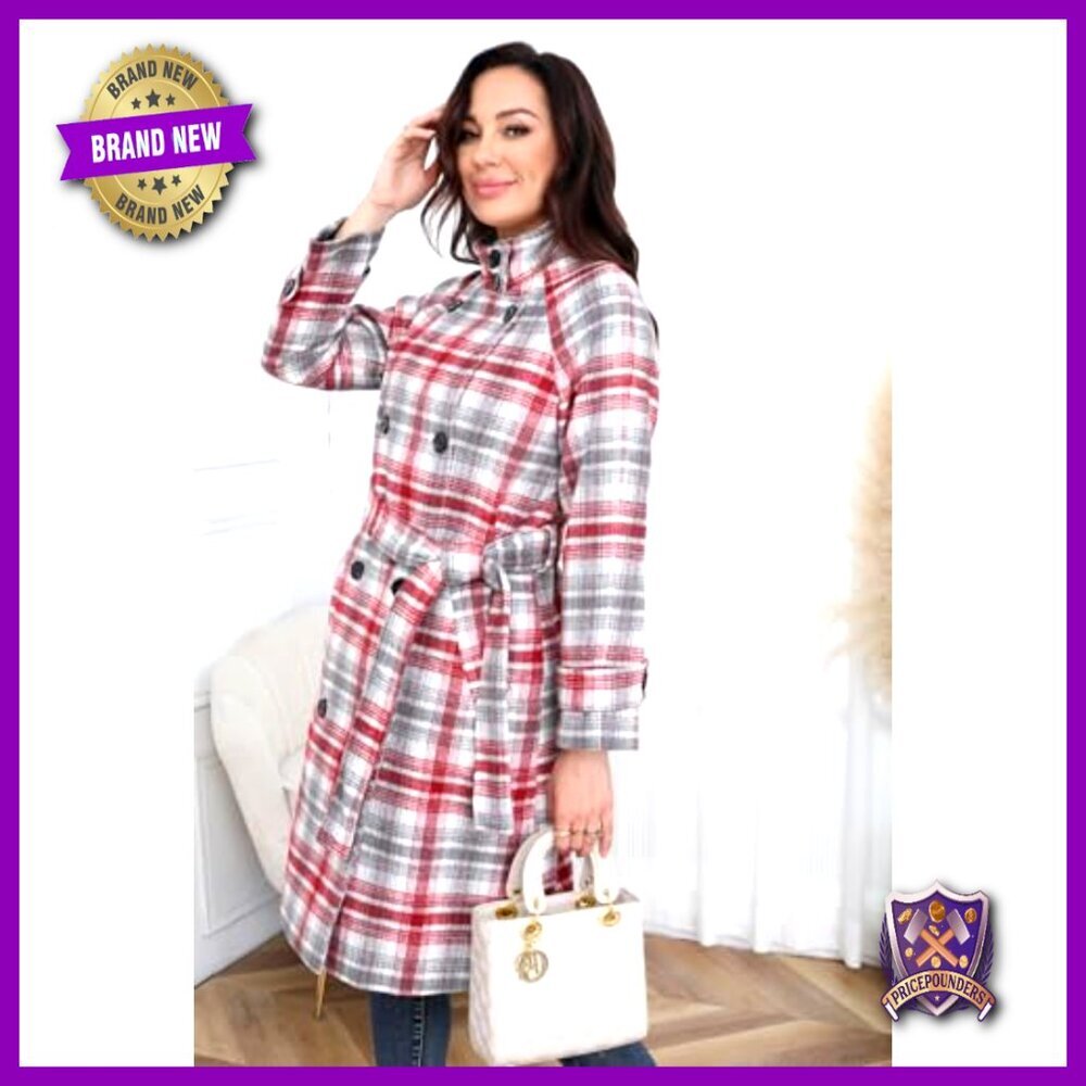 Long Wool Plaid Pea Coat Double Breast Trench Overcoat with Belt Elegant - Picture 2 of 7